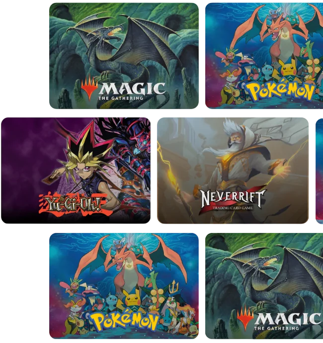 Auswahl an TCG-Motiven: Magic: The Gathering, Pokémon, Yu-Gi-Oh! und Neverrift
